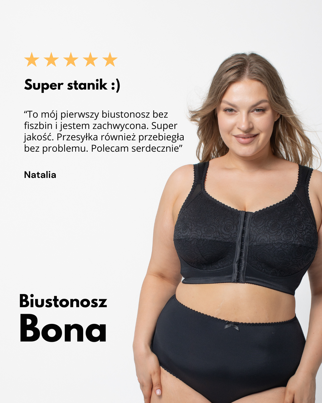 Biustonosz Bona bez fiszbin zapinany z przodu w kolorze czarnym