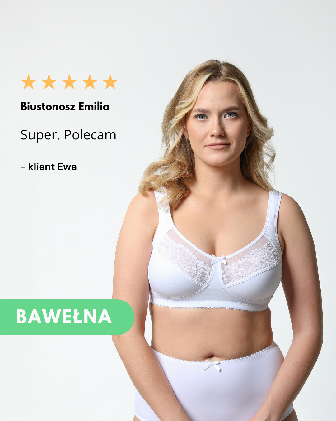 Biustonosz bawełniany Emilia bez fiszbin, elegancki, z koronką, w kolorze białym